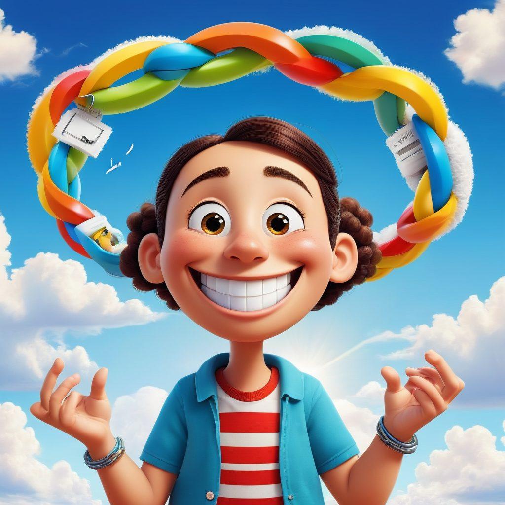A cheerful cartoon character building a colorful chain of links made of various online resources like books, articles, and social media icons, with a bright smile on their face. The background features a sunny sky with fluffy clouds that symbolize positivity and friendly connections. The overall theme should evoke a sense of community and collaboration in the digital space. vibrant colors. cartoonish style.